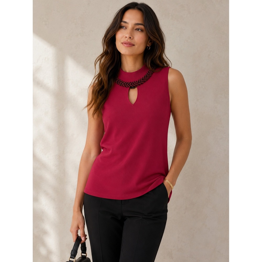 Spense Knit Top Women M Berry Beaded Mock Neck Keyhole Sleeveless